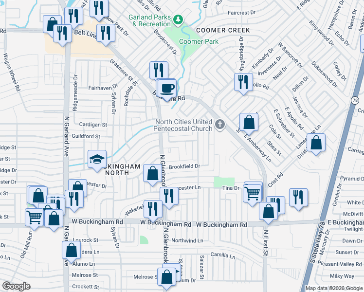 map of restaurants, bars, coffee shops, grocery stores, and more near 613 Royal Oaks Drive in Garland