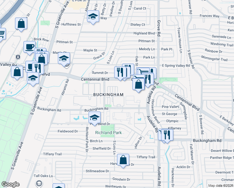 map of restaurants, bars, coffee shops, grocery stores, and more near in Richardson