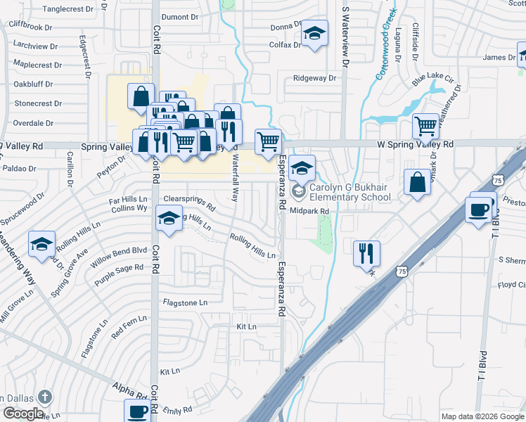 map of restaurants, bars, coffee shops, grocery stores, and more near 13818 Ramblewood Trail in Dallas