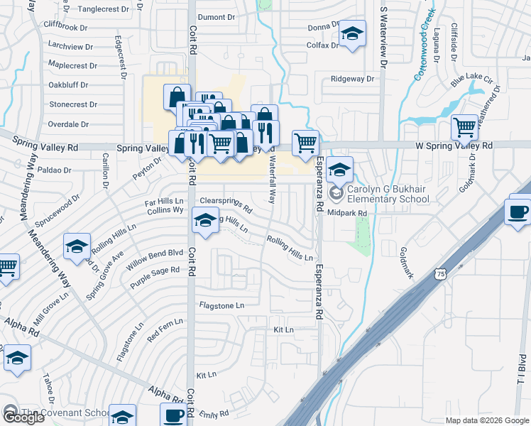 map of restaurants, bars, coffee shops, grocery stores, and more near 8149 Clearsprings Road in Dallas