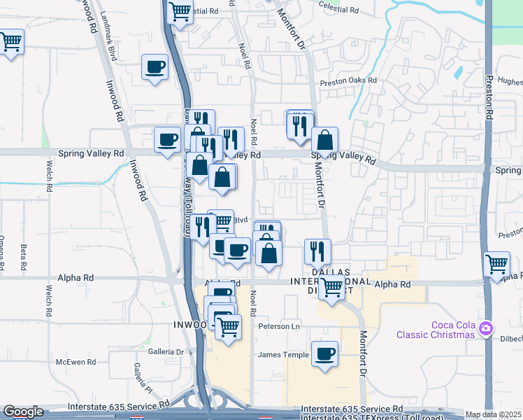 map of restaurants, bars, coffee shops, grocery stores, and more near 13900 Noel Road in Dallas