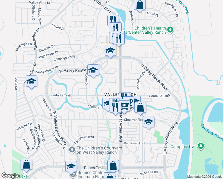 map of restaurants, bars, coffee shops, grocery stores, and more near 9416 Ruidosa Trail in Irving
