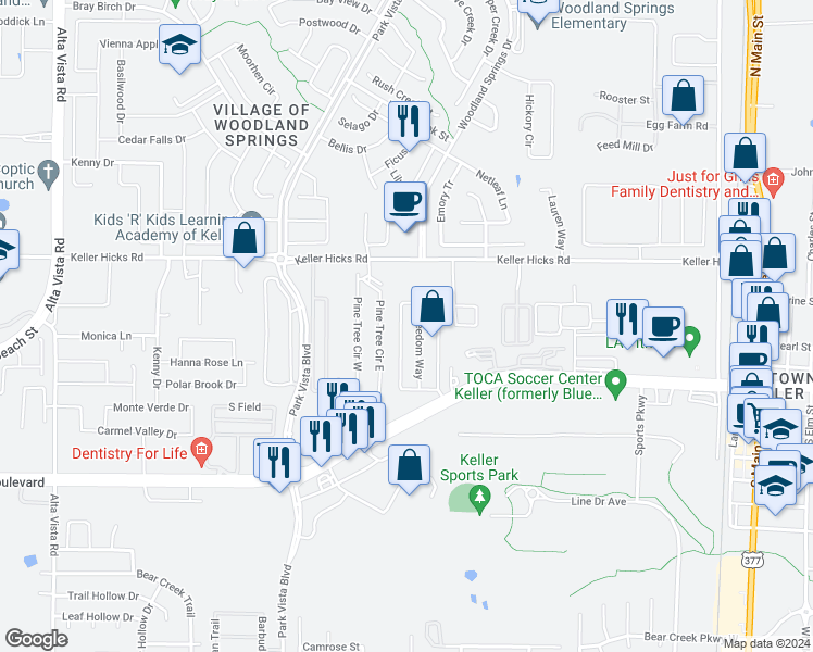 map of restaurants, bars, coffee shops, grocery stores, and more near 11240 Golden Triangle Circle in Fort Worth