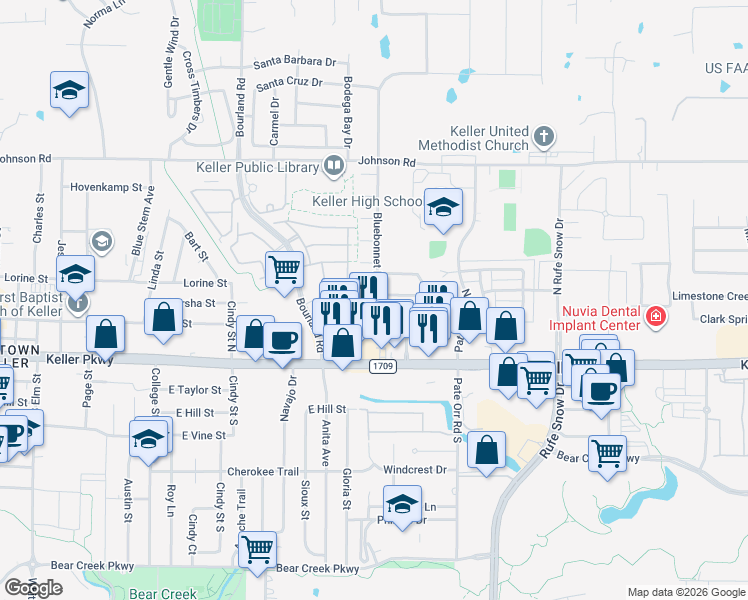 map of restaurants, bars, coffee shops, grocery stores, and more near 692 Lantana Drive in Keller
