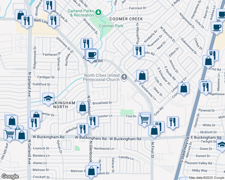 map of restaurants, bars, coffee shops, grocery stores, and more near 441 Brookfield Drive in Garland