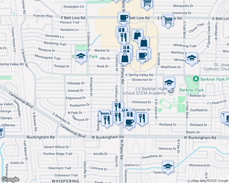 map of restaurants, bars, coffee shops, grocery stores, and more near 807 Carleton Drive in Richardson