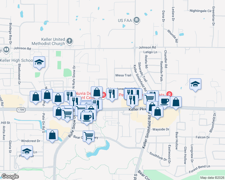 map of restaurants, bars, coffee shops, grocery stores, and more near 1201 Limestone Creek Drive in Keller