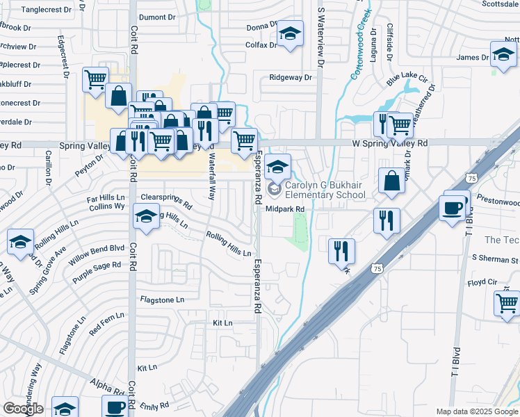 map of restaurants, bars, coffee shops, grocery stores, and more near 13750 Maham Road in Dallas