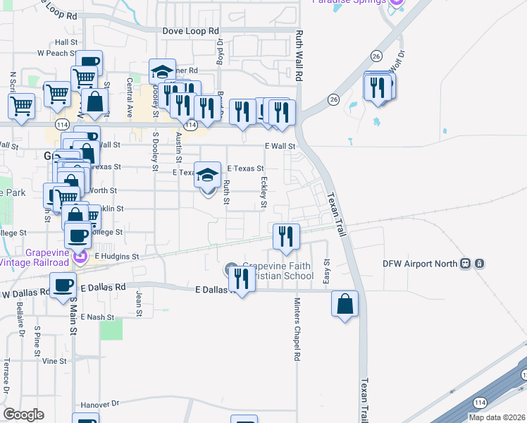 map of restaurants, bars, coffee shops, grocery stores, and more near 914 East Walnut Street in Grapevine