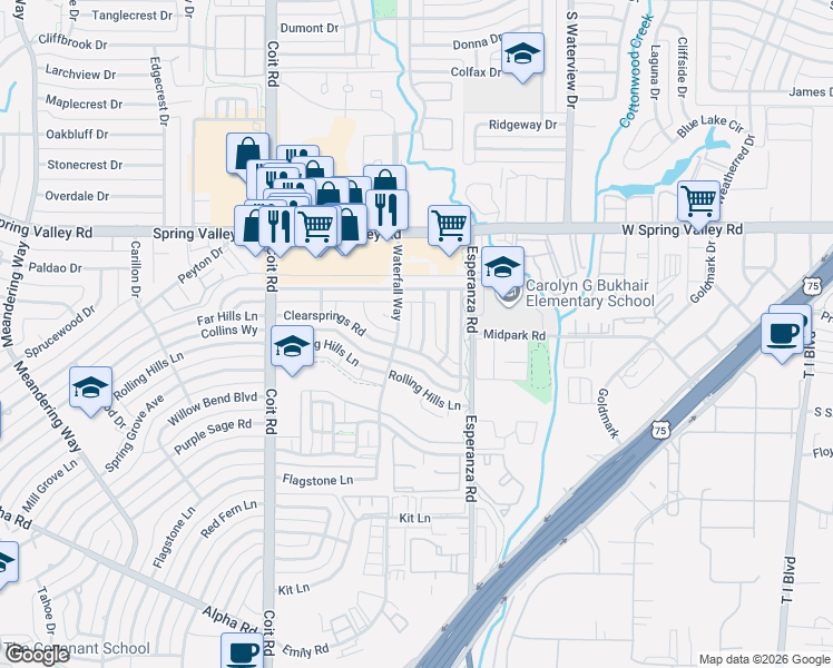 map of restaurants, bars, coffee shops, grocery stores, and more near 13815 Stonemoss Drive in Dallas