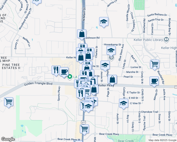 map of restaurants, bars, coffee shops, grocery stores, and more near 238 Ruby Street in Keller