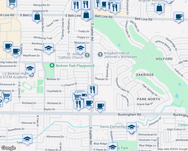 map of restaurants, bars, coffee shops, grocery stores, and more near 3435 Winter Oak Drive in Garland