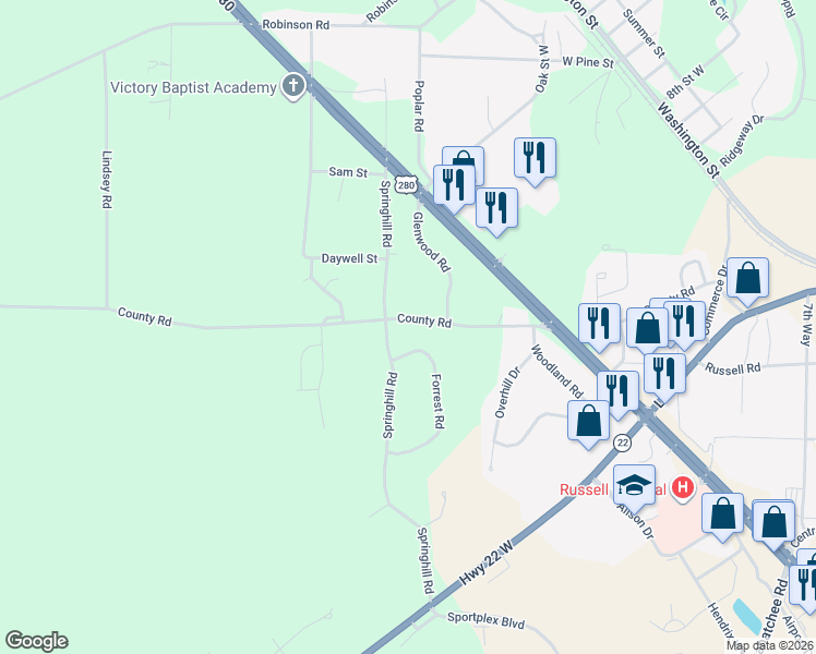 map of restaurants, bars, coffee shops, grocery stores, and more near 1988 County Road in Alexander City