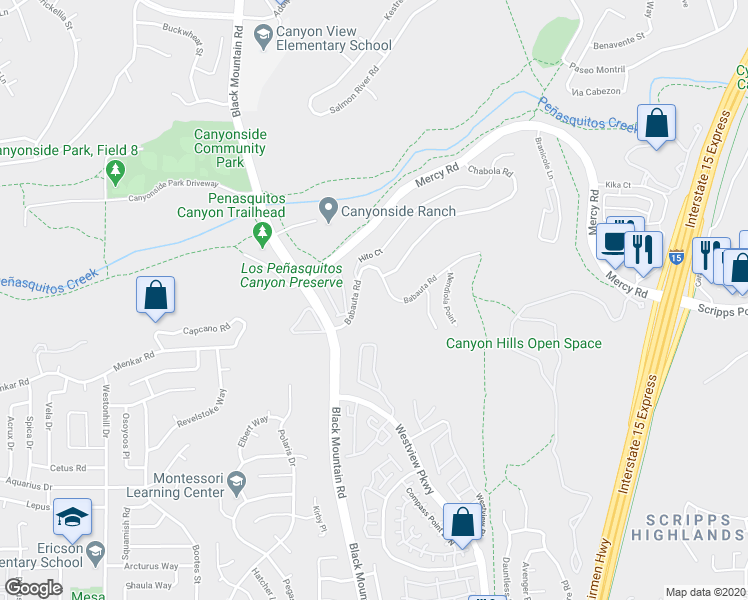 map of restaurants, bars, coffee shops, grocery stores, and more near 9301 Babauta Road in San Diego