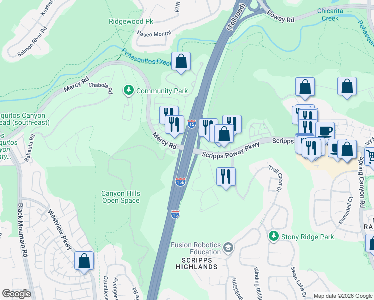 map of restaurants, bars, coffee shops, grocery stores, and more near Escondido Fwy in San Diego