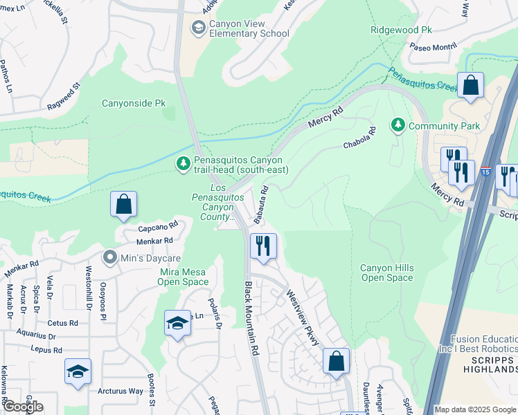 map of restaurants, bars, coffee shops, grocery stores, and more near 9301 Babauta Road in San Diego