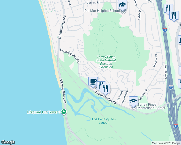 map of restaurants, bars, coffee shops, grocery stores, and more near 2266 Del Mar Scenic Parkway in Del Mar