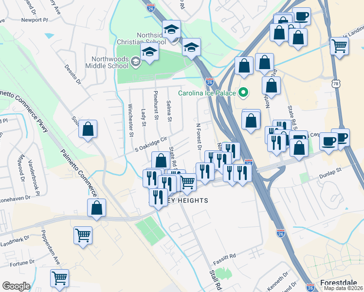map of restaurants, bars, coffee shops, grocery stores, and more near 7530 State Road S-10-1242 in North Charleston