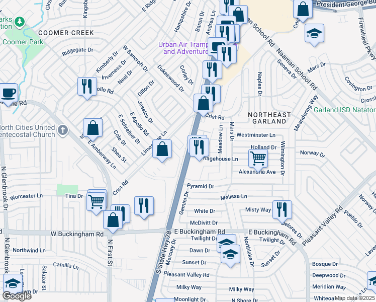 map of restaurants, bars, coffee shops, grocery stores, and more near 2506 Crist Road in Garland