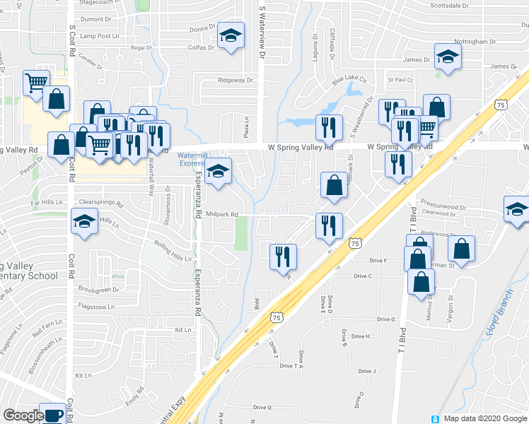 map of restaurants, bars, coffee shops, grocery stores, and more near 8545 Midpark Road in Dallas
