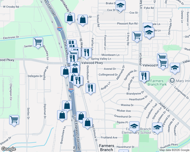 map of restaurants, bars, coffee shops, grocery stores, and more near 14032 Distribution Way in Farmers Branch
