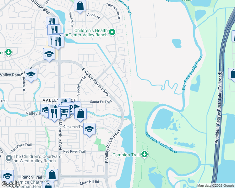 map of restaurants, bars, coffee shops, grocery stores, and more near 9476 Valley Ranch Parkway East in Irving