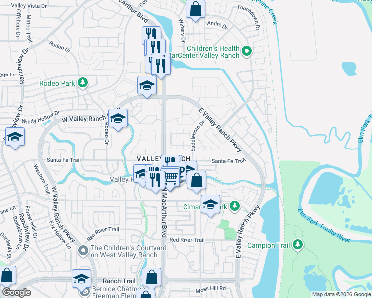 map of restaurants, bars, coffee shops, grocery stores, and more near 900 Silverstone Lane in Irving