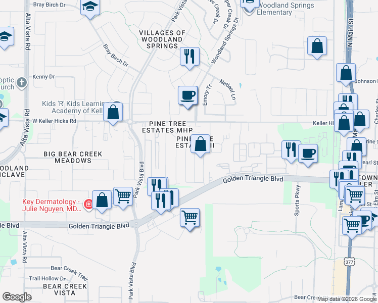 map of restaurants, bars, coffee shops, grocery stores, and more near 11250 Golden Triangle Circle in Fort Worth