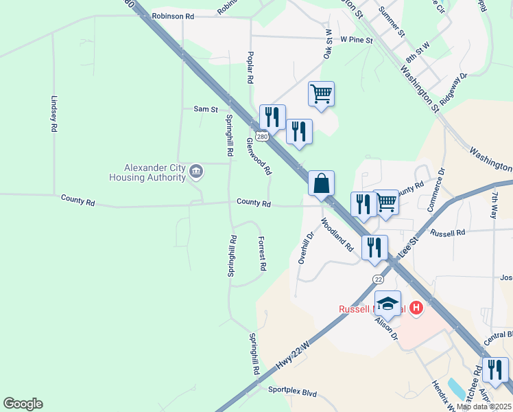 map of restaurants, bars, coffee shops, grocery stores, and more near 1939 County Road in Alexander City