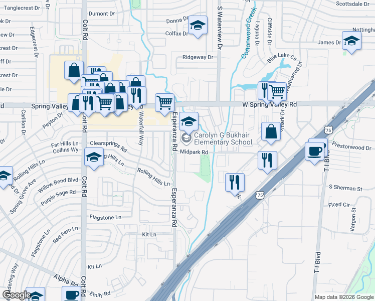map of restaurants, bars, coffee shops, grocery stores, and more near 8363 Midpark Road in Dallas