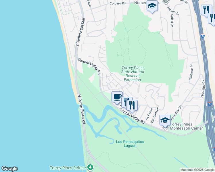 map of restaurants, bars, coffee shops, grocery stores, and more near 13022 Caminito del Rocio in Del Mar