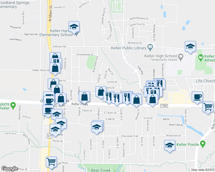 map of restaurants, bars, coffee shops, grocery stores, and more near 424 Lorine Street in Keller