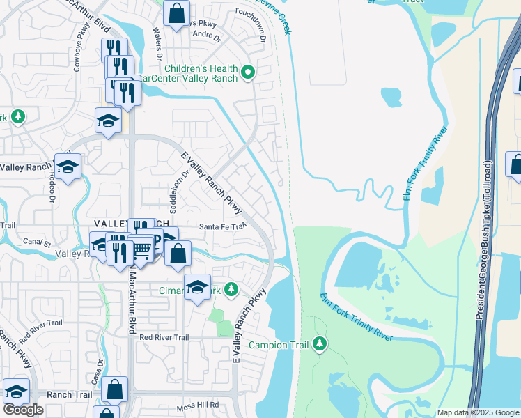map of restaurants, bars, coffee shops, grocery stores, and more near 9476 Valley Ranch Parkway East in Irving