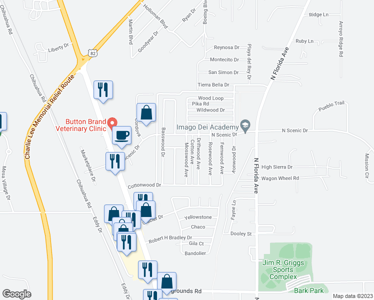 map of restaurants, bars, coffee shops, grocery stores, and more near 3731 Mosswood Avenue in Alamogordo