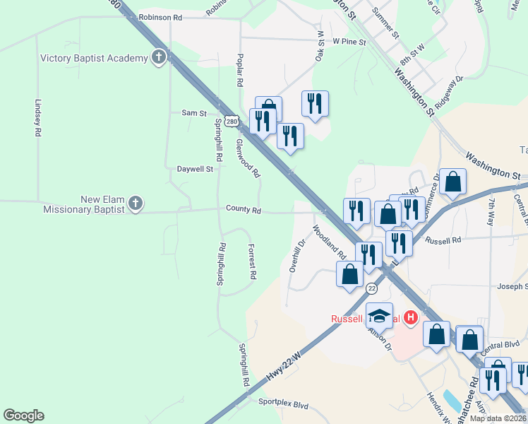 map of restaurants, bars, coffee shops, grocery stores, and more near 1656 County Road in Alexander City