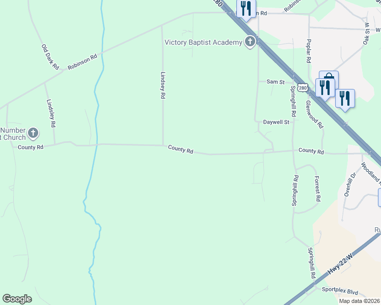 map of restaurants, bars, coffee shops, grocery stores, and more near 2518 County Road in Alexander City