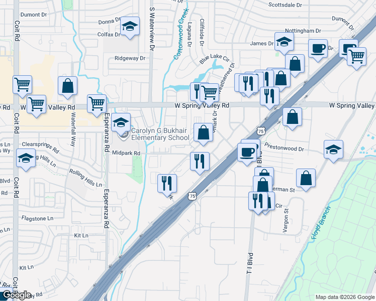 map of restaurants, bars, coffee shops, grocery stores, and more near 13731 Goldmark Drive in Dallas