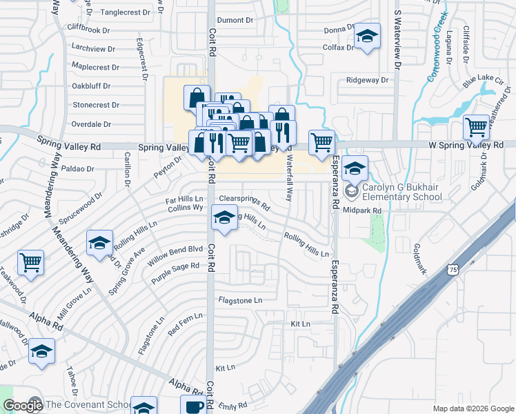map of restaurants, bars, coffee shops, grocery stores, and more near 8120 Clearsprings Road in Dallas