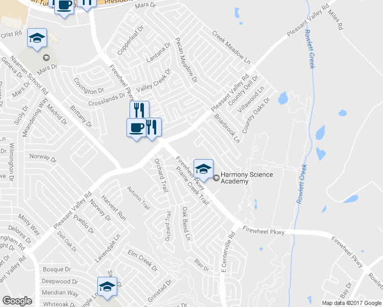 map of restaurants, bars, coffee shops, grocery stores, and more near 2402 Firewheel Pkwy in Garland