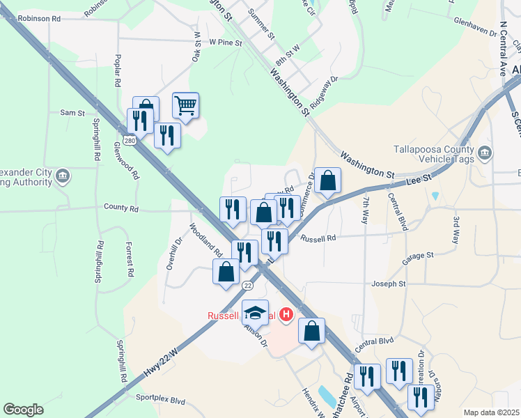 map of restaurants, bars, coffee shops, grocery stores, and more near 775 Pamela Drive in Alexander City