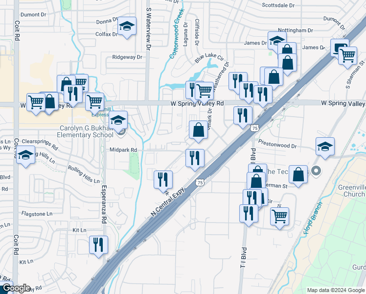 map of restaurants, bars, coffee shops, grocery stores, and more near 13731 Goldmark Drive in Dallas