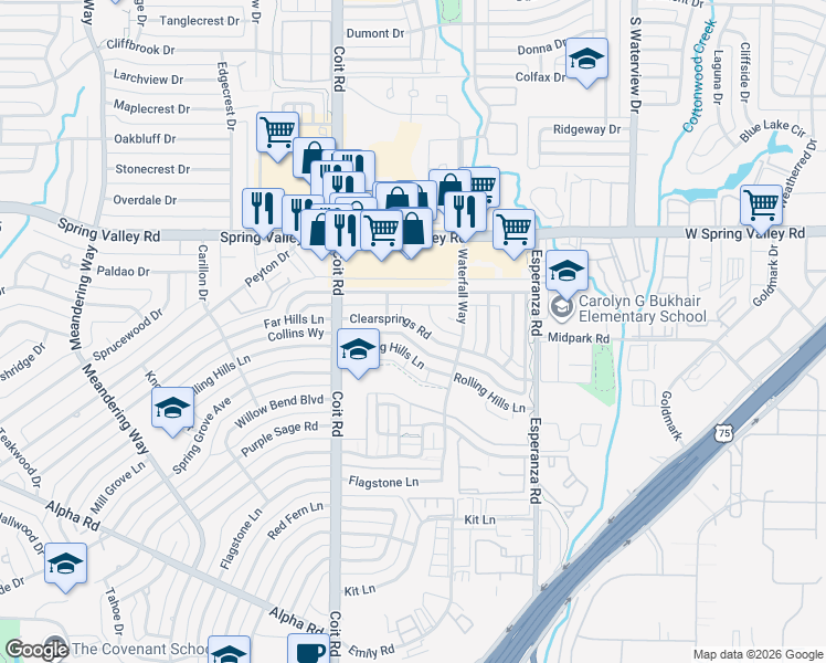 map of restaurants, bars, coffee shops, grocery stores, and more near 8120 Clearsprings Road in Dallas