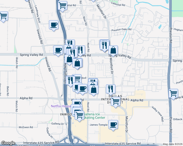 map of restaurants, bars, coffee shops, grocery stores, and more near 13900 Noel Road in Dallas
