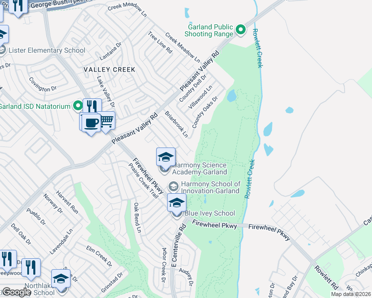 map of restaurants, bars, coffee shops, grocery stores, and more near 2214 Forestbrook Drive in Garland