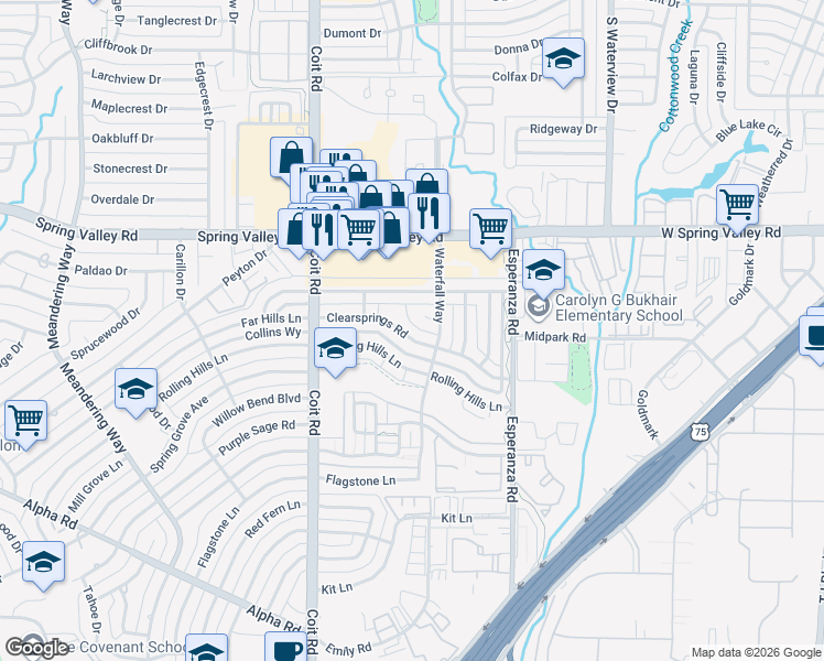 map of restaurants, bars, coffee shops, grocery stores, and more near 8149 Clearsprings Road, in Dallas