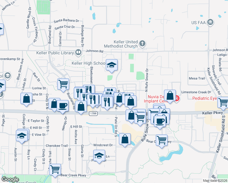 map of restaurants, bars, coffee shops, grocery stores, and more near 207 Pate Orr Road North in Keller