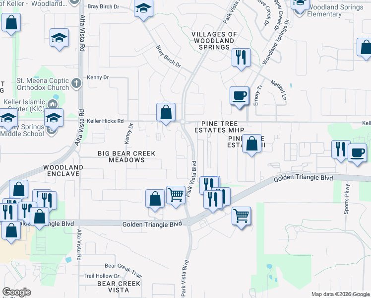 map of restaurants, bars, coffee shops, grocery stores, and more near 11201 Park Vista Boulevard in Fort Worth