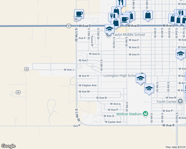 map of restaurants, bars, coffee shops, grocery stores, and more near 13th Street in Lovington