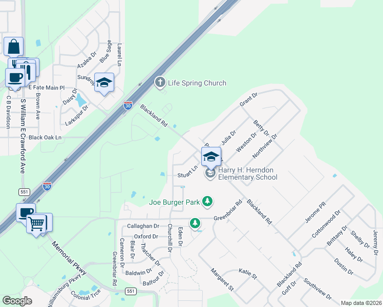 map of restaurants, bars, coffee shops, grocery stores, and more near 514 Robinson Way in Royse City