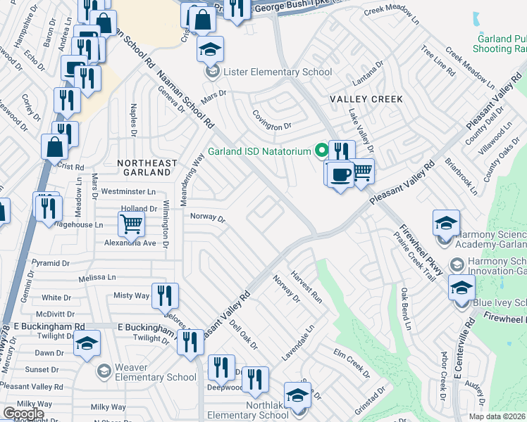 map of restaurants, bars, coffee shops, grocery stores, and more near 2521 Shalimar Drive in Garland